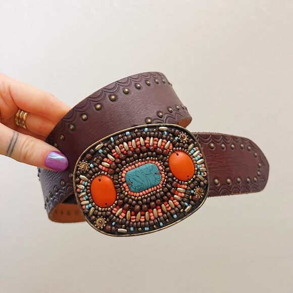 Y2K Lucky Brand Brown Leather Stone Embellished Boho Belt - Picture 1 of 5